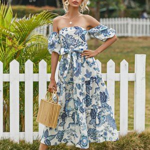 Shein Floral Bardot Shirred Back Belted Ruffle Hem